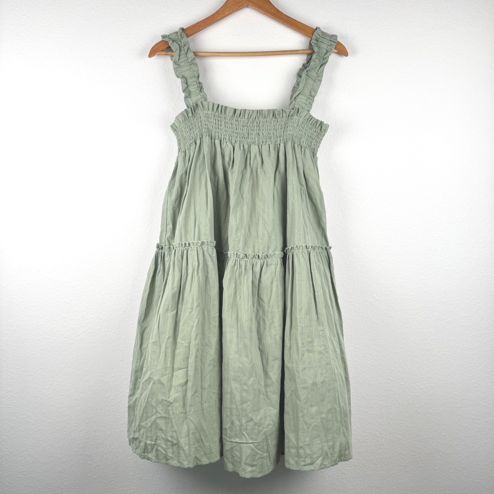 Mini Dress Womens L Sage Green Excellent Smocked Ruffle Boho Cottagecore
